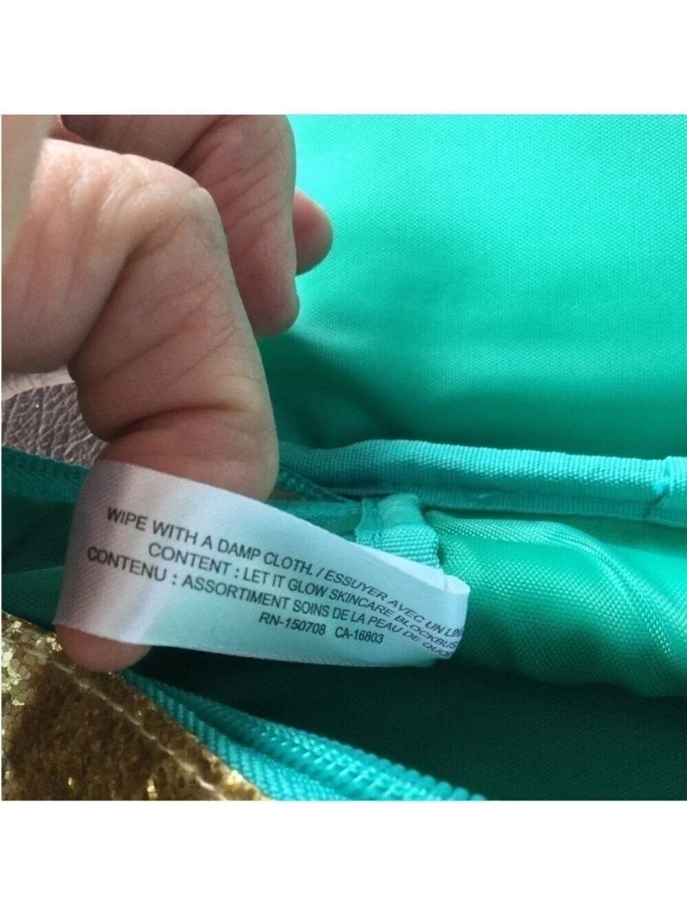 Avon Let It Glow Skincare zippered storage Bag Woman’s Gold and Teal